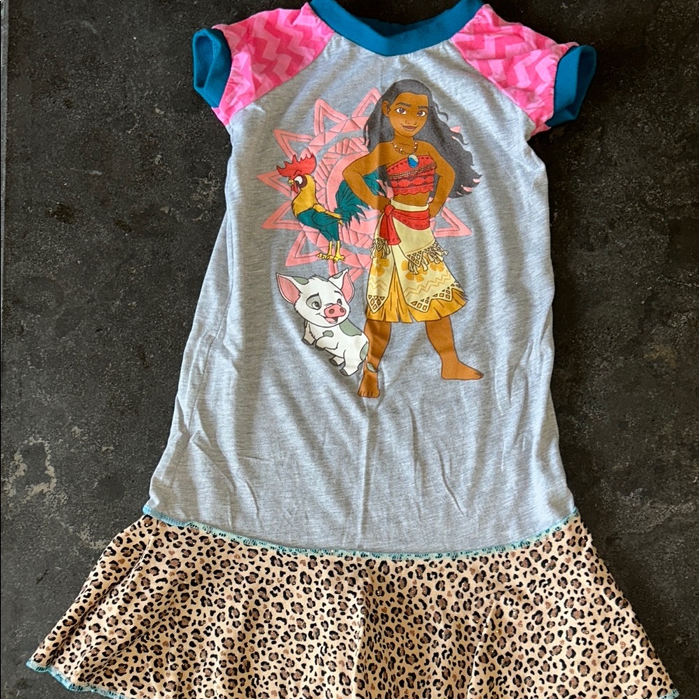 Gray and Pink Moana Character upcycled Dress with Leopard Print
